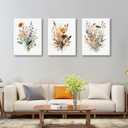 Bwodke Framed Wildflower Wall Art Colorful Botanical Floral Poster Canvas Prints Set of 3 Minimalist Watercolor Flower Pictures Vintage Farmhouse Decor Painting Bedroom Bathroom Living Room 16"x24"