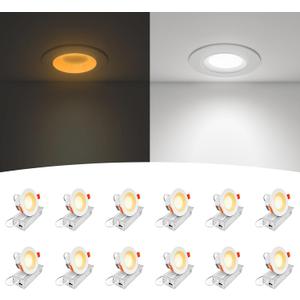 12-Pack 3 Inch Anti-Glare Recessed LED Lights with Night Light, Deep Baffle Downlight, Dimmable, 2700K-5000K 5CCT Selectable, with Junction Box, Canless, 680lm, ETL Listed, White