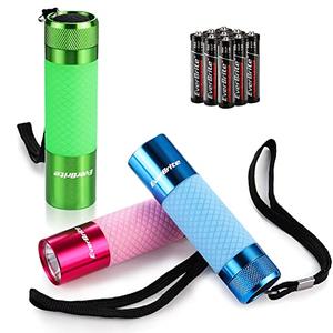 EverBrite 1Pack Mini Flashlights, Glow in Dark Flashlights, Aluminum LED Flashlights Outdoor Favors Assorted Colors for Camping, Hiking, Indoor, 9XAAA Batteries Included