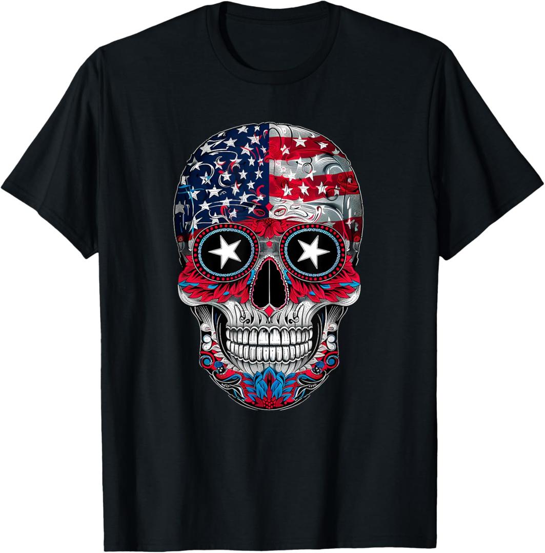 4th Of July American Flag Skull Skeleton For Women Men T-Shirt (Small, Black)