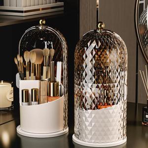 Makeup Brush Holder Organizer with Cover - 360 Rotating Clear Dustproof Cosmetic & Skincare Storage for Vanity, Desktop, Bathroom Countertop (White)