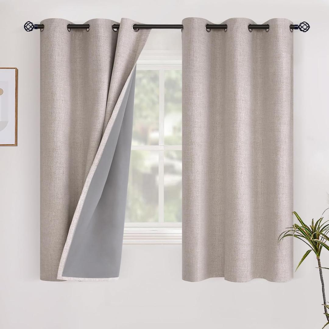 YoungsTex Linen Short Blackout Curtains for Bedroom Kitchen Window, 40 Inch Length Thermal Insulated Black Out Drapes with Grommet Privacy for Bathroom Windows, Beige, 2 Panels, 42 X 40 Inch