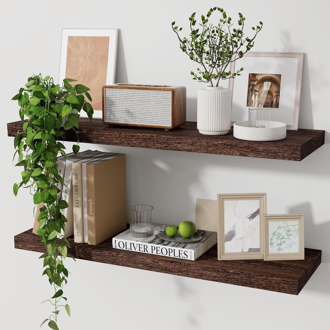 Marsmiles Wood Floating Shelves for Wall Set of 2, 24 Inch Wide Rustic Wooden Floating Shelves, Invisible Wall Mounted Display for Living Room Bedroom Kitchen Bathroom Office, Weathered