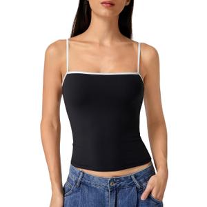 QINSEN Women's Double Lined Basic Tank Top Adjustable Spaghetti Straps Sleeveless Camisole Shirts  (X-Large, Black)