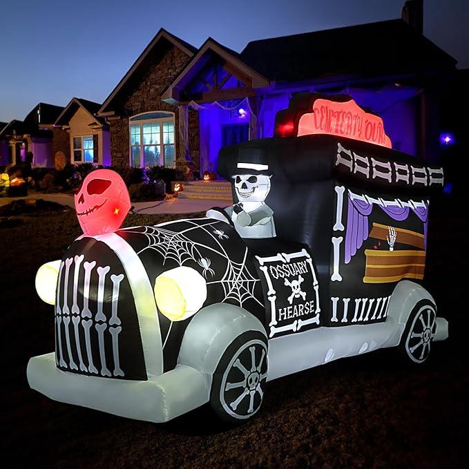 8.8ft Long Halloween Inflatable Decorations, Inflatable Coffin Funeral Graveyard Tour Car Trick or Treat Truck, Built-in LED Lights, Halloween Skull Spider Indoor