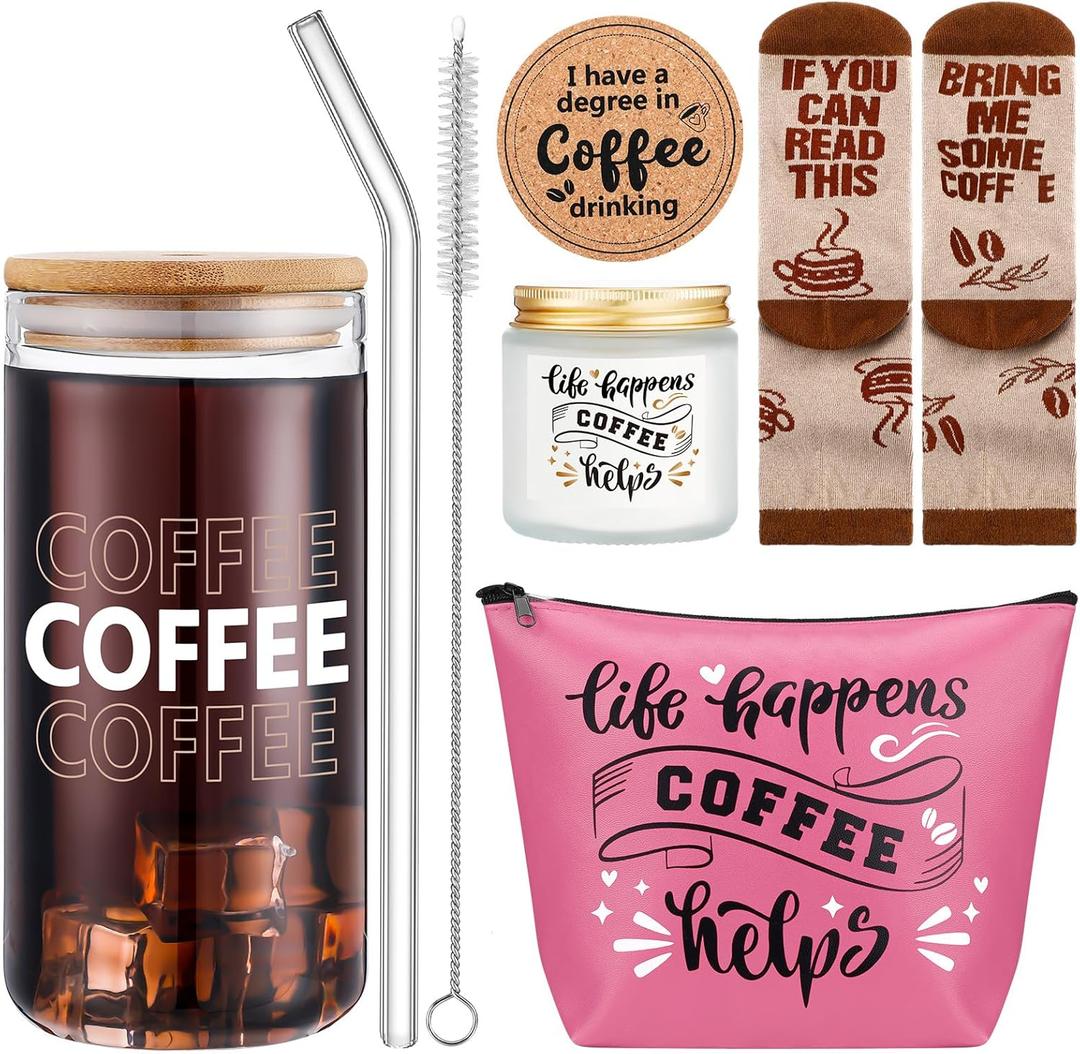 Dandat 5 Pieces Coffee Lovers Gifts Set 20 oz Iced Drink Cups with Lids and Straws Round Cork Coaster, Socks, Makeup Bag, Candle Jar Coffee Gift Basket for Men Women