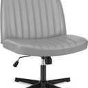 DUMOS Criss Cross Chair Legged Office Wide Comfy Desk Seat, No Wheels Armless Computer Task Seating, Swivel Vanity Home Height Adjustable (Grey-leather)