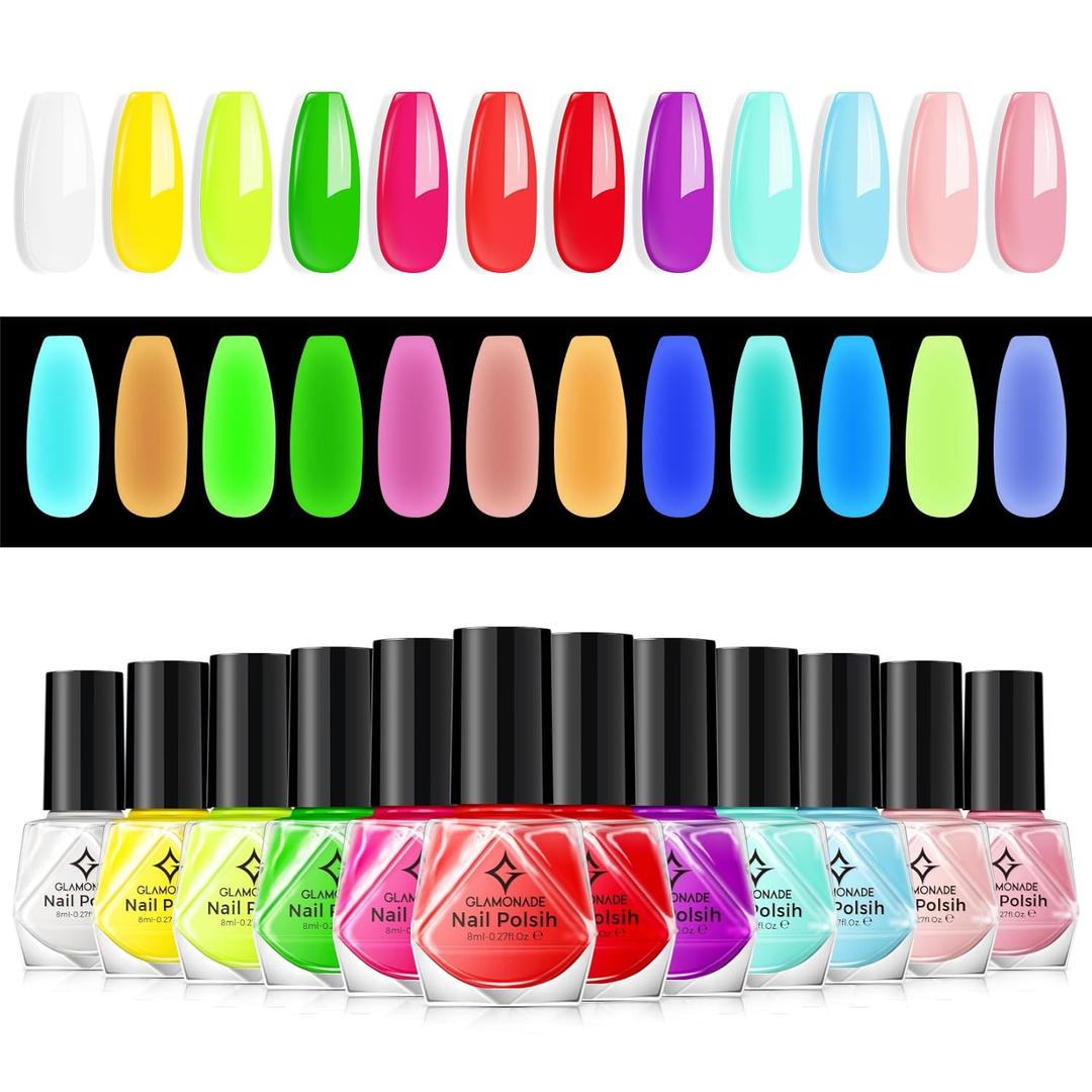 Glamonade Neon Nail Polish Set: Glow in The Dark Halloween Neon Orange Yellow Pink Blue Fluorescent Fingernail Polish Kit Air Quick Dry Regular Nail Polish Pack for Nail Art Gift Holiday Party