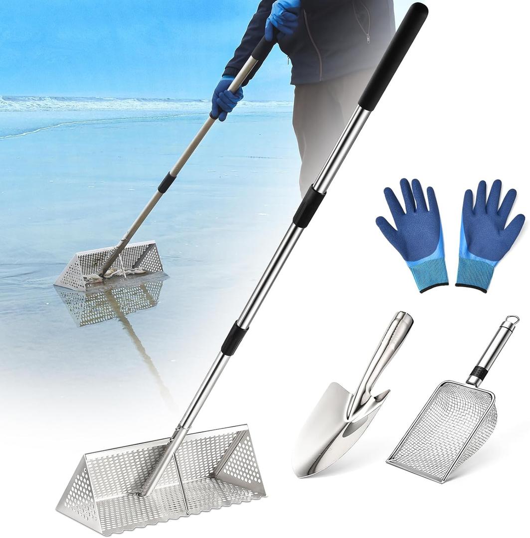 Sand Flea Rake, Long Handle Sand Sifter for The Beach, Stainless Steel Shark Tooth Sifter Comes with A 16-Inch Wide Mesh Screen for Collecting Fleas, Shark Teeth, and Seashells Sand Flea Rake, Long Handle Sand Sifter for The Beach, Stainless Steel Shark Tooth Sifter Comes with A 16-Inch Wide Mesh Screen for Collecting Fleas, Shark Teeth, and Seashells