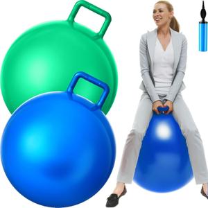 Lewtemi 2 Pcs 29 Inch Big Hopper Ball Jumping Hopping Inflatable Bouncing Ball with Handle and Air Pump for Adults Carnival Outdoor Sports Game(Blue, Green)