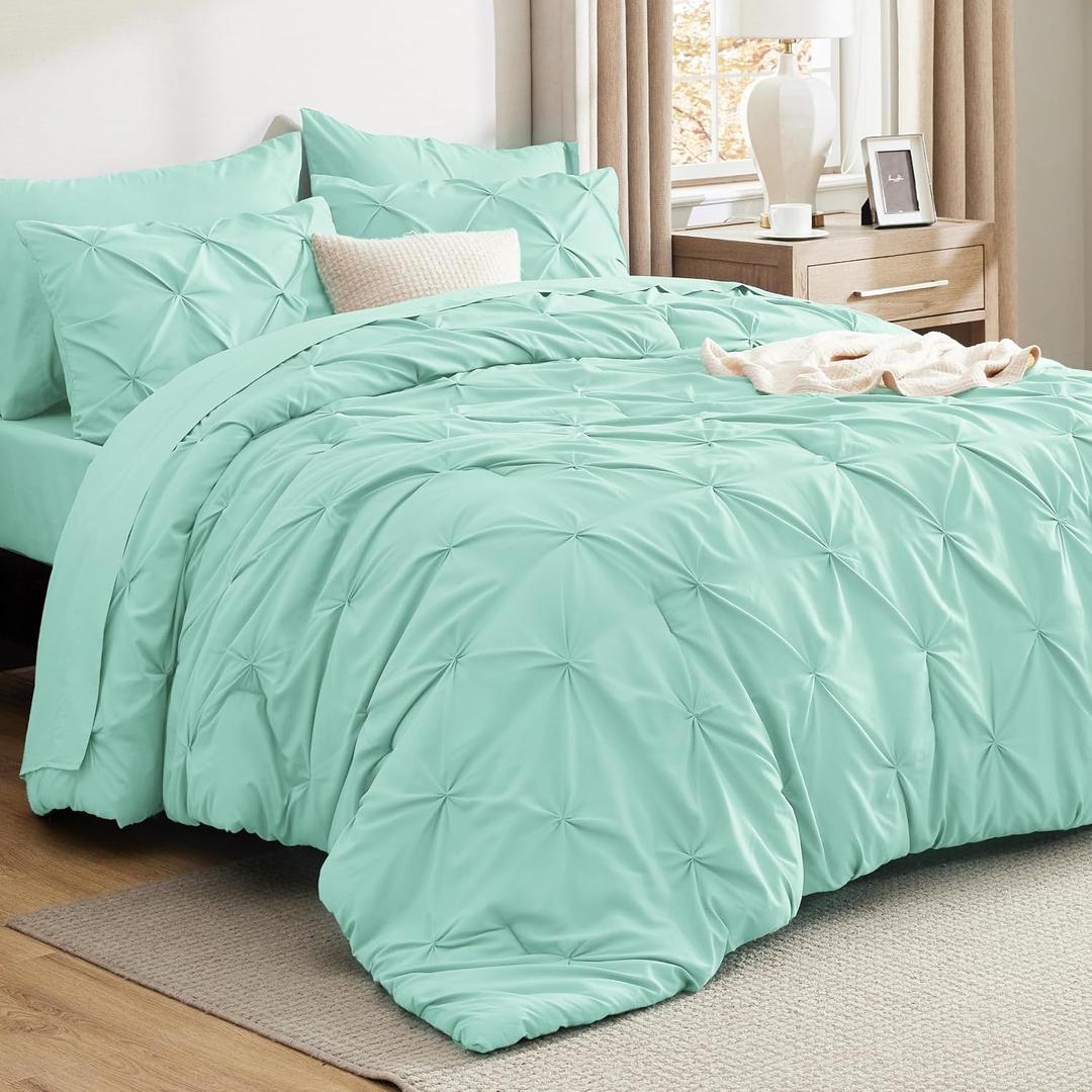 Bedsure King Size Comforter Set Mint Green - Bed in a Bag Bedding Set 7 Pieces, GentleSoft Pintuck Bed Set Gift for Family, All Season Down Alternative Comforter with Sheets, Pillowcases & Shams