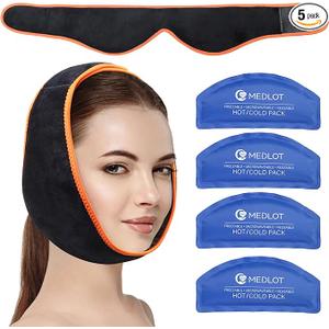 Face Ice Pack Wrap for TMJ, Wisdom Teeth, with 4 Reusable Hot Cold Therapy Gel Packs, Pain Relief for Chin, Head, Jaw, Oral and Facial Surgery, Dental Implants
