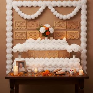 Breling 40 Pcs Dia De Los Muertos Ofrenda Altar Decor Day of The Dead, 20 White Marigold Flowers, 2 Mexican Felt Papel Picado Banner (9 Flags Per Banner), 2 White Artificial Marigold Garland