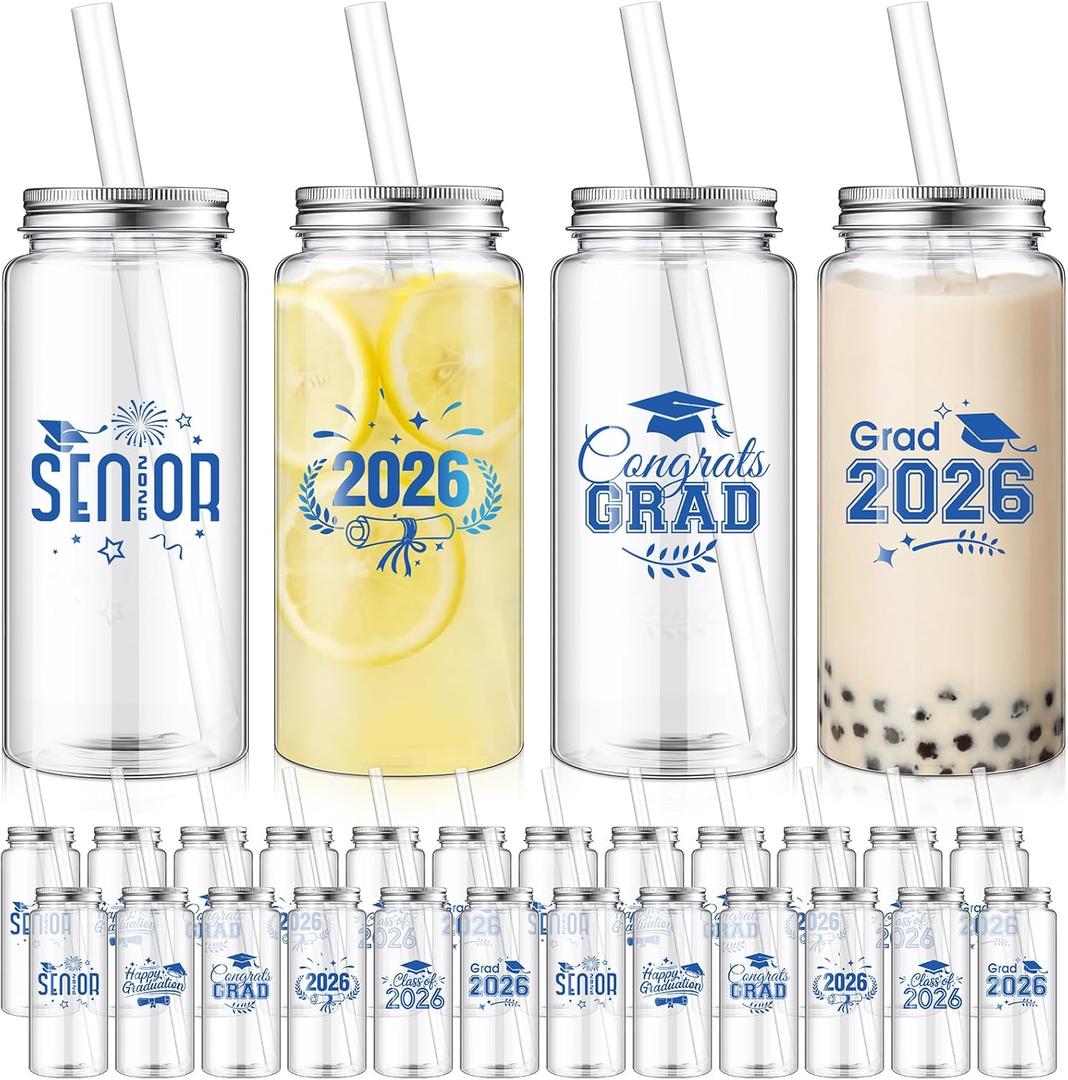 Yiyiring 48 Pcs Graduation Gifts 13.5 oz Class of 2026 Plastic Cups with Lid and Straws Bulk Senior Mason Jars Bottles Reusable Tumblers for College Congrats Graduate Party Supplies (Blue Black)