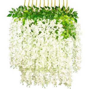 GPARK (36 Branches 12 Pack /45 inch /3.7ft Wisteria Hanging Artificial Flowers Fake Bushy Silk Vine Garland String for Wedding Party Garden Greenery Home Wall Deco Beige+Green+White