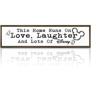 WKYAER Home Sign Decor, Rustic Table Decor, Farmhouse Wall Decoration for Homes Front Door Porch Entryway, Housewarming Gift for Disney Lover, This Home Runs On Love, Laughter and Lots of Disney Sign, 17.8x4x1.2 inches