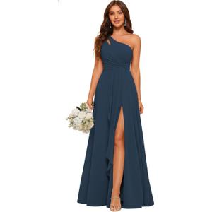 One Shoulder Bridesmaid Dresses for Women Chiffon Ruffles Pleated Long Formal Evening Gown with Slit (Blue), Size: 12