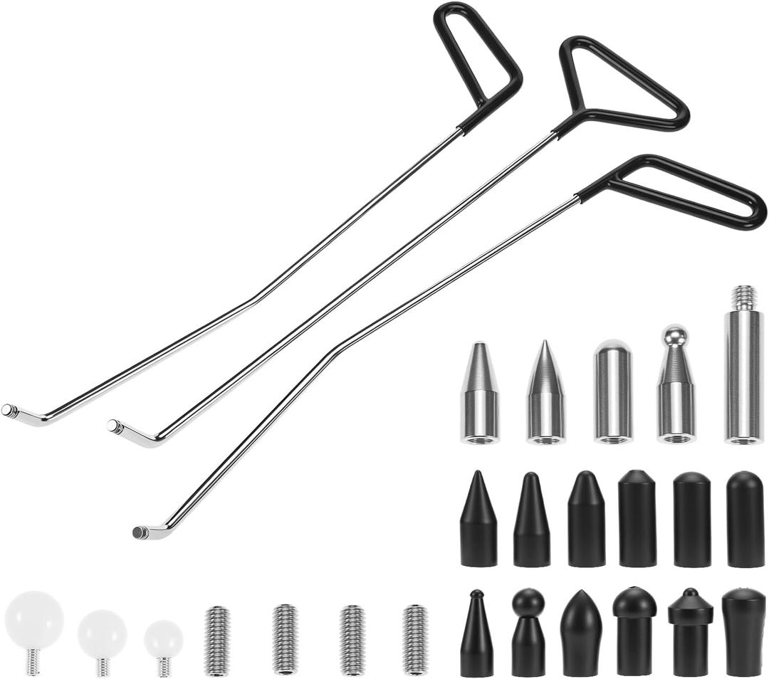 QWORK Paintless Dent Repair Kit, 3 Piece Stainless Steel Dent Removal Rods with 20 Awl Heads, for Removal of Auto Body Hail Dents
