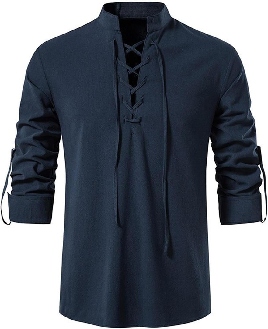AOTORR Men's Long Sleeve Shirts Retro Style Lace up Medieval Hippie Viking Cosplay Pirate Top Renaissance Costume, Large