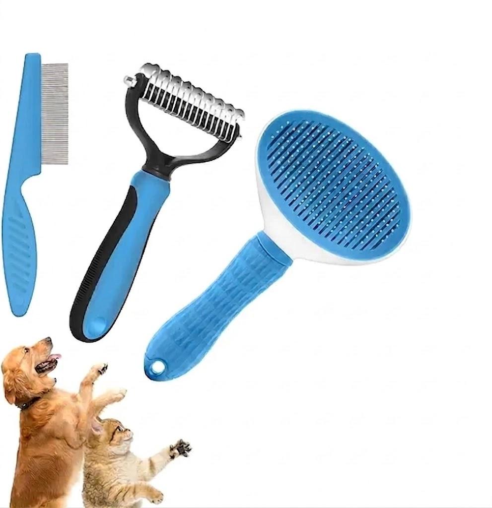 3PCS Self Cleaning Slicker Brush & Dog Comb - Skin Friendly Deshedding Grooming Tool for Dogs, Cats and Small Animals, Professional Deshedding Dematting Tool for Long and Short Haired Pets (Blue)