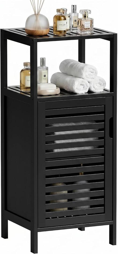 HITNET Bamboo Floor Cabinet, Small Bathroom Cabinet Floor Standing, 4 Tier Narrow Side Storage Cabinet, Space Saving Kitchen Cupboard with Single Door, Black
