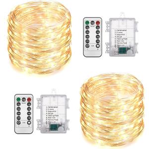 2 Pack Total 200 LED Fairy Lights Battery Operated String Lights with Remote & 8 Modes, 33FT Waterproof Copper Wire Battery Powered Twinkle Lights for Outdoor Christmas Parties Decoration Warm White
