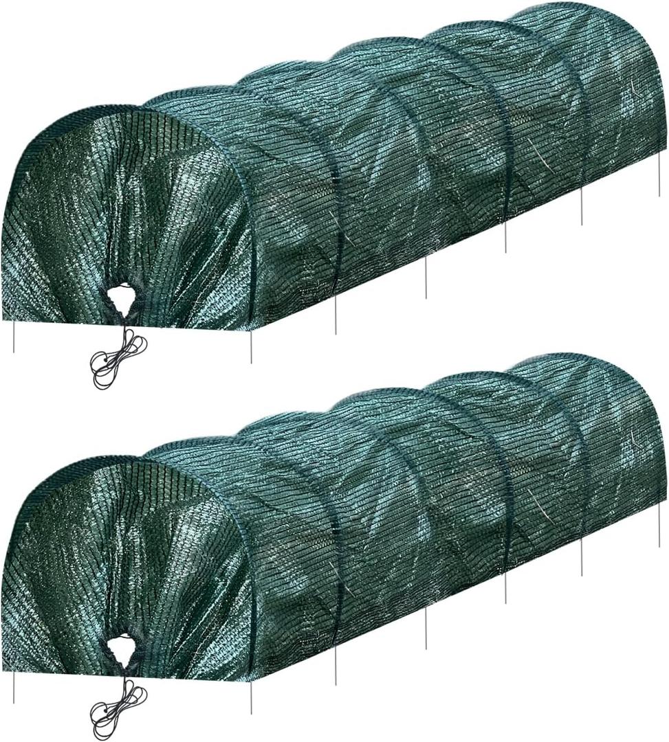 2-Pack Garden Tunnel Shade Net Cover, 10 ft Portable Greenhouse with Quick-Release Tech - Sun & Heat Protection for Vegetables & Plants, Includes Hoops & Stakes (Green Net)