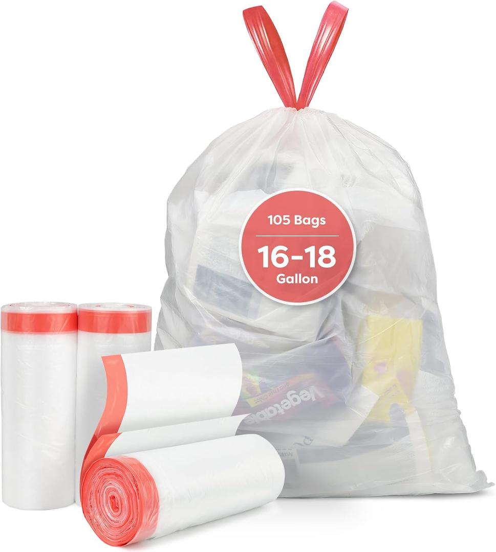 Pre-Separated 16-18 Gallon Trash Bags Drawstring, Clear, Size M, Tear Free Large Garbage Bags for Kitchen, 105 Count, Tear-Resistant Strong Plastic Compactor Bag for Office Lawn