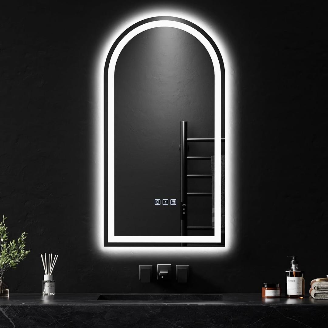QAOYEDE 18x30 Arch LED Bathroom Mirror, Bathroom Vanity Mirror with Lights
Backlit/Front Dimmable 3 Color Smart Memory Anti-Fog Tempered Glass, Suitable for Smaller Bathrooms Vanity, UL Recognized