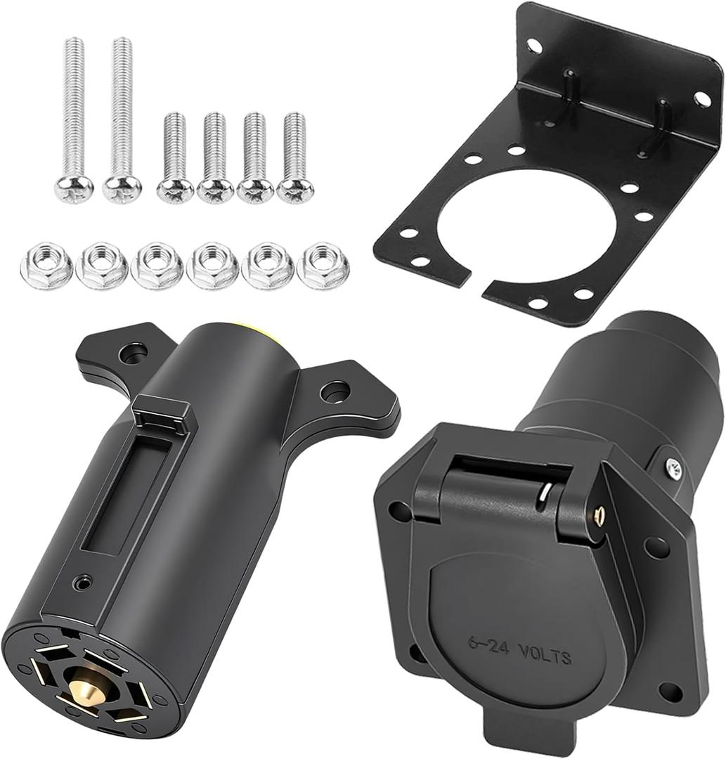 7 Way Trailer Connector Kit 7 Pin Trailer Wiring Harness Connector Set with Mounting Bracket, Trailer Side 7 Pin Plug and Vehicle Side 7 Way Blade Trailer Socket Connector