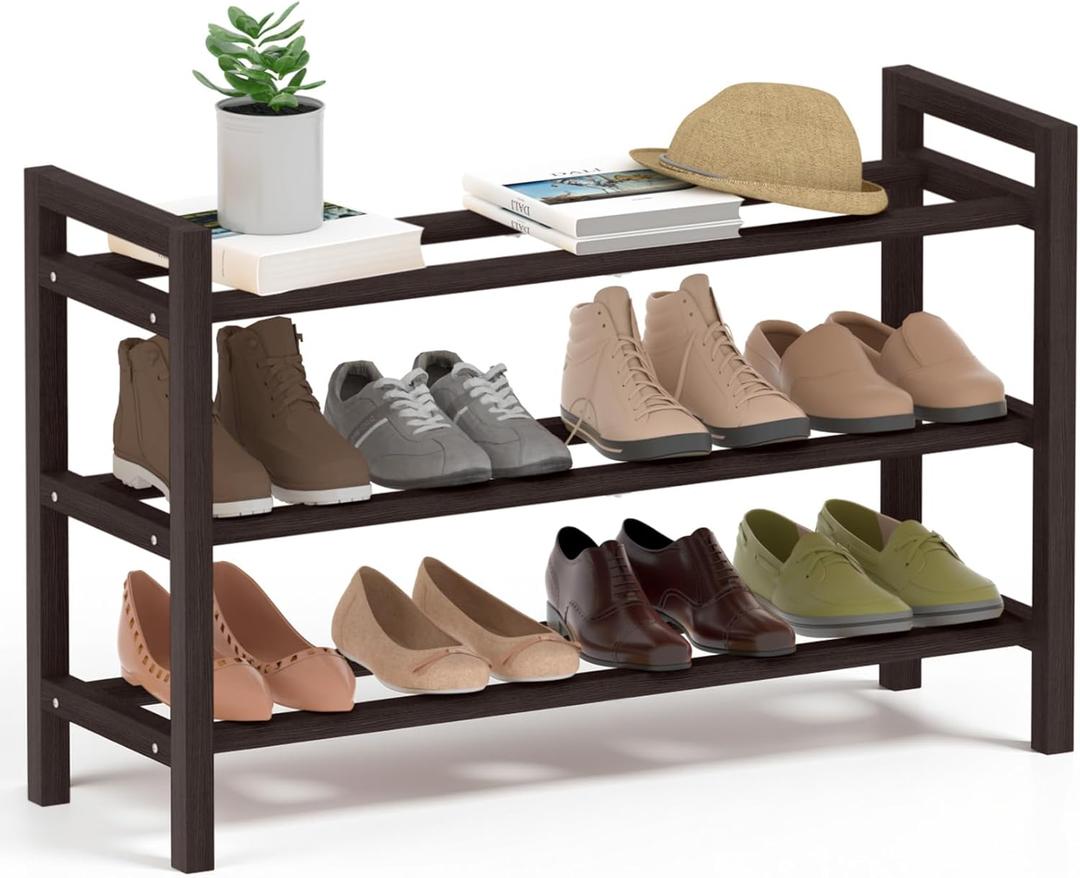 Haddockway Bamboo Shoe Rack for Closet, Free Standing Shoe Organizer with Smooth Round Rods & Convenient Handles, Stackable Shoe Storage Shelf for Entryway, Hallway(Brown, 3-Tier)
