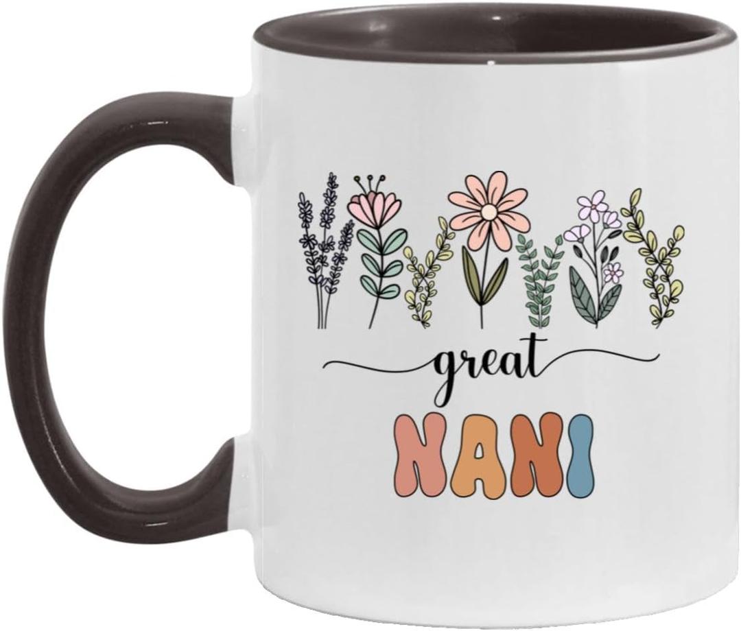 Great Nani Gift - Floral Mug - Gift For New Great Nani - Baby Announcement - Pregnancy Announcement Nani - Mothers Day Gift - Birthday Gift - Black Accents Mug 11oz