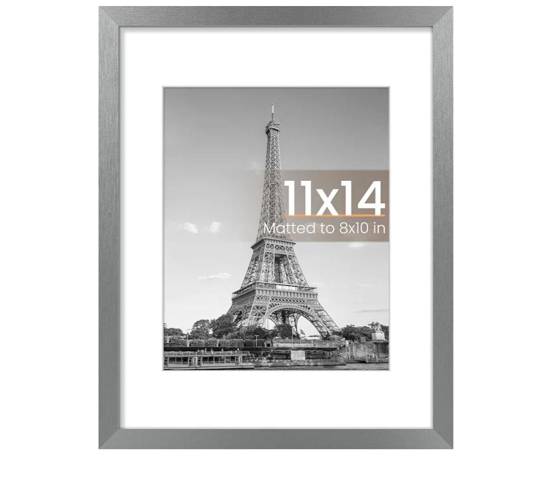 upsimples 11x14 Picture Frame, Display Pictures 8x10 with Mat or 11 x 14 Without, Wall Hanging Photo Frames, Metallic Gray, 1 Pack