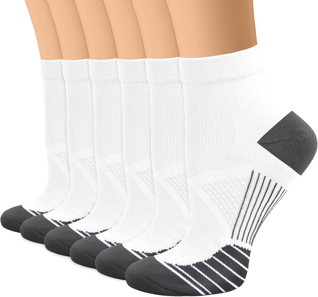 Copper Compression Socks Women and Men 6 Pairs - Circulation Arch Support Plantar Fasciitis Running Ankle Socks (Small-Medium, A7.5 - 6 White)