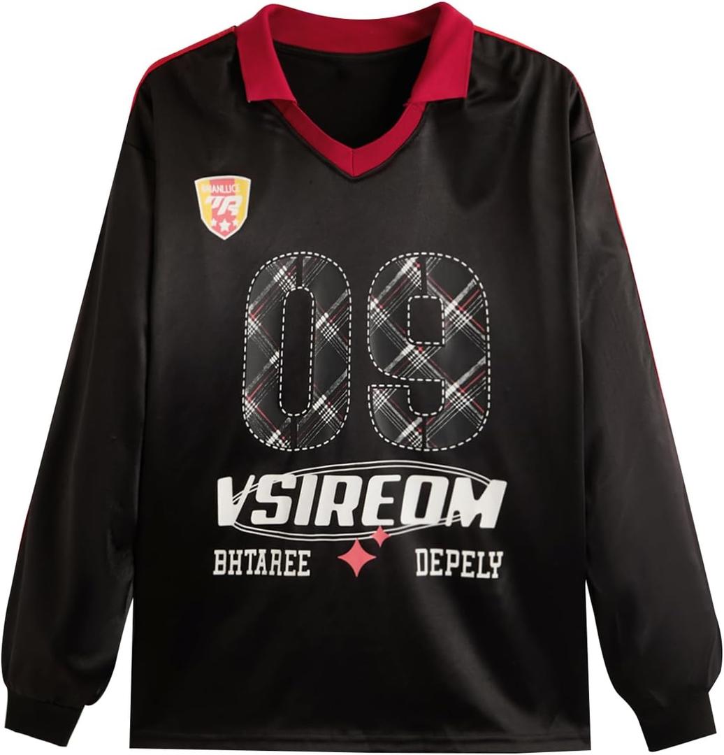 Verdusa Men's Letter Print Long Sleeve Soccer Jersey Shirt Collared Neck Number Shirts Black XX-Large