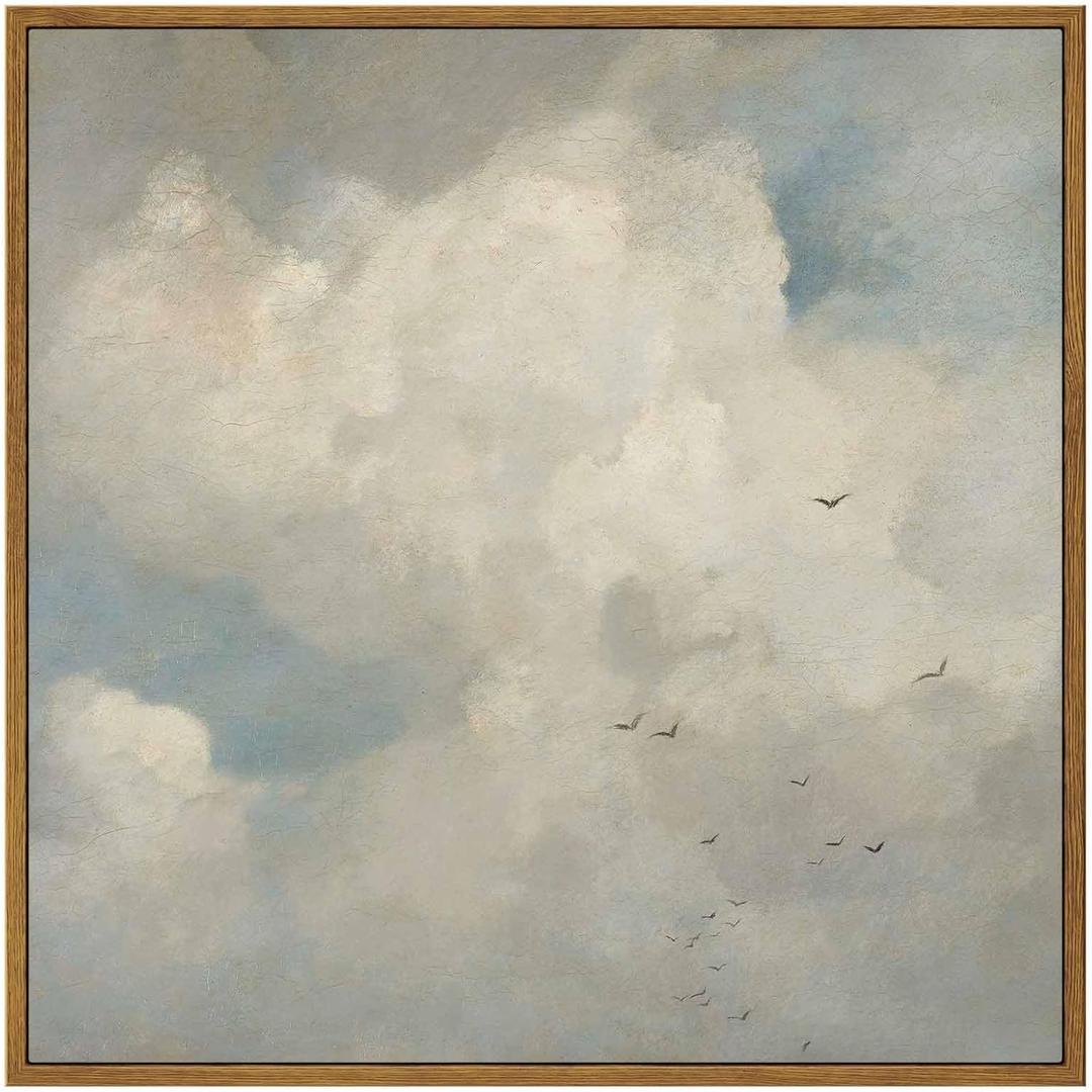 InSimSea Square Framed Canvas Wall Art, Home Decor Classical Oil Paintings Sky Cloud Birds Prints, Vintage Landscape Large Wall Art for Living Room Bedroom Bathroom Home Office Decor 16"x16" (Shell Fishing)