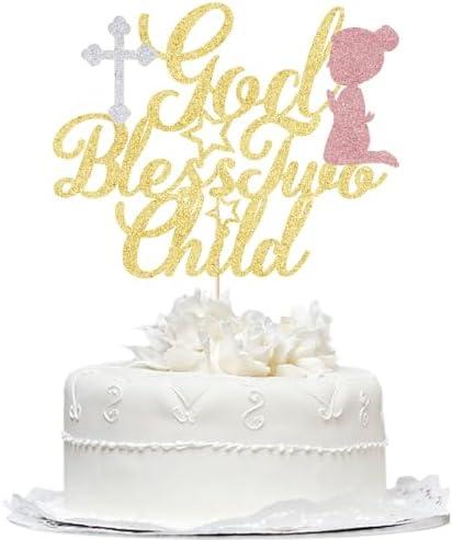 4 Pack God Bless This Child Cake Topper，Glitter Baptism God Bless Child Cake Pick Decorations，Baby Shower Birthday Party Decorations Christian Religious Party Decoration Supplies (Gold (rose))
