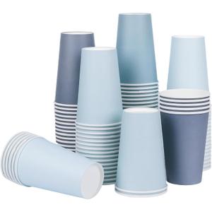 100Pcs Dusty Blue Paper Cups 12oz Gradient Blue Party Cups Birthday Bridal Baby Shower Disposable Drinking Cups for Hot Cold Drinks Beverage Coffee Wedding Christmas Party Supplies