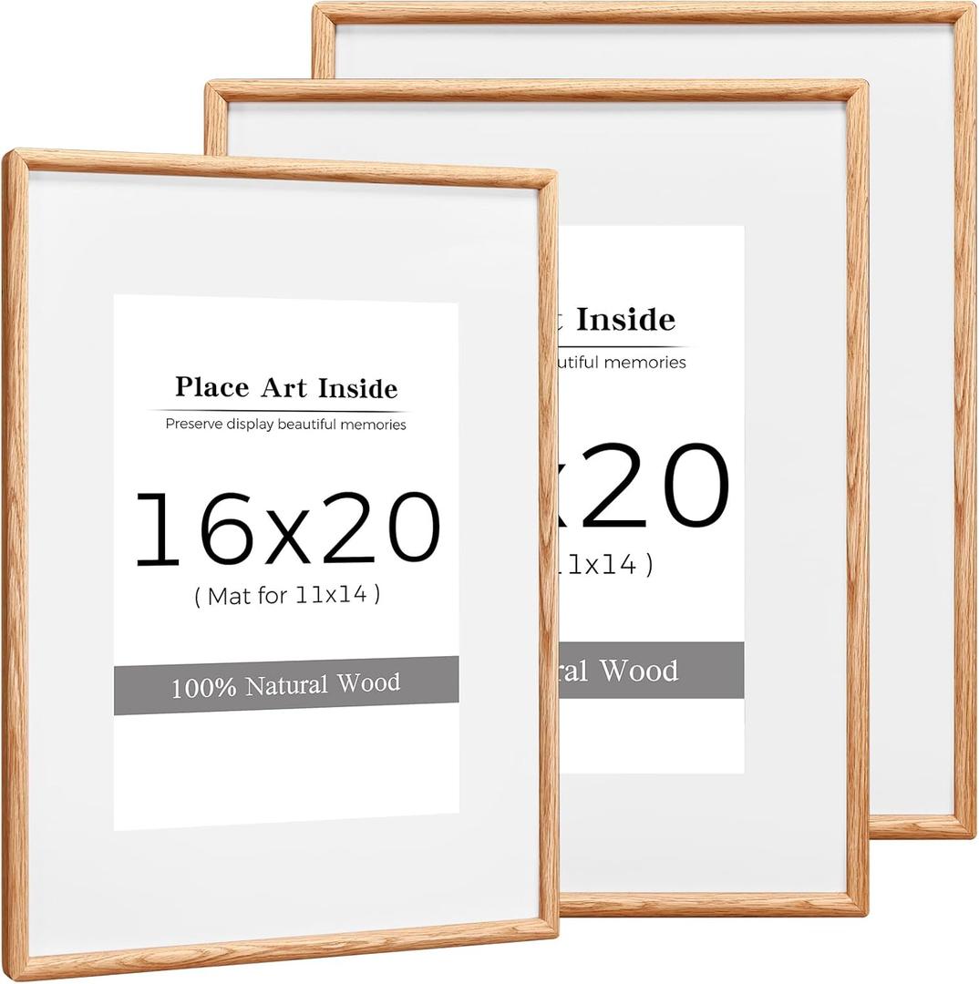 16x20 Oak Wood Picture Frame with Mat for 11x14, Solid Wood Frame with Tempered Glass - Wall Mount - Modern Design for Home & Office Decoration (Set of 3)