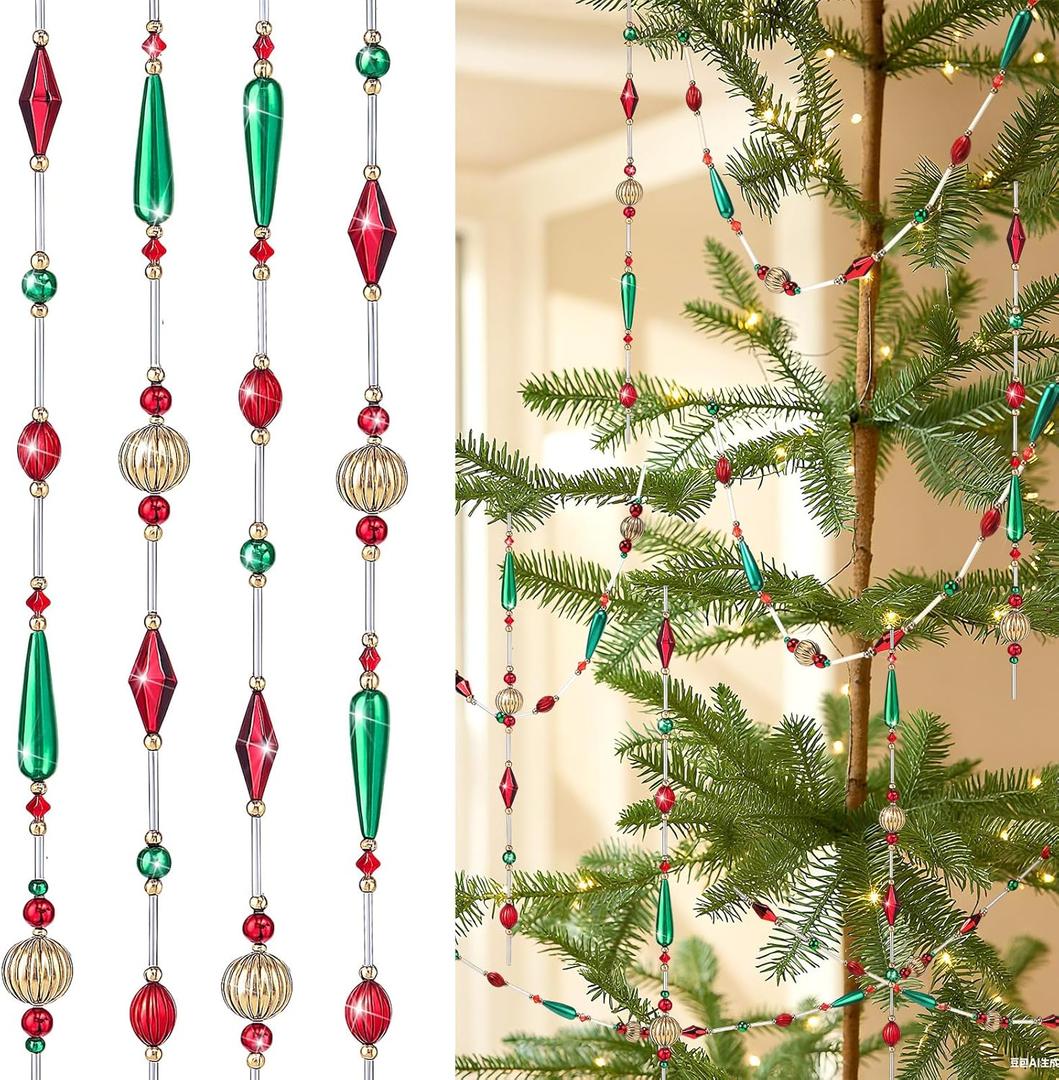 Suncalla 24 Feet Exquisite Christmas Tree Decor Acrylic Beads Xmas Tree Garland Multicolor Glitter Hanging Bead Decorations Garland for Trees Indoor Outdoor Home Decor Use(Christmas Classics)