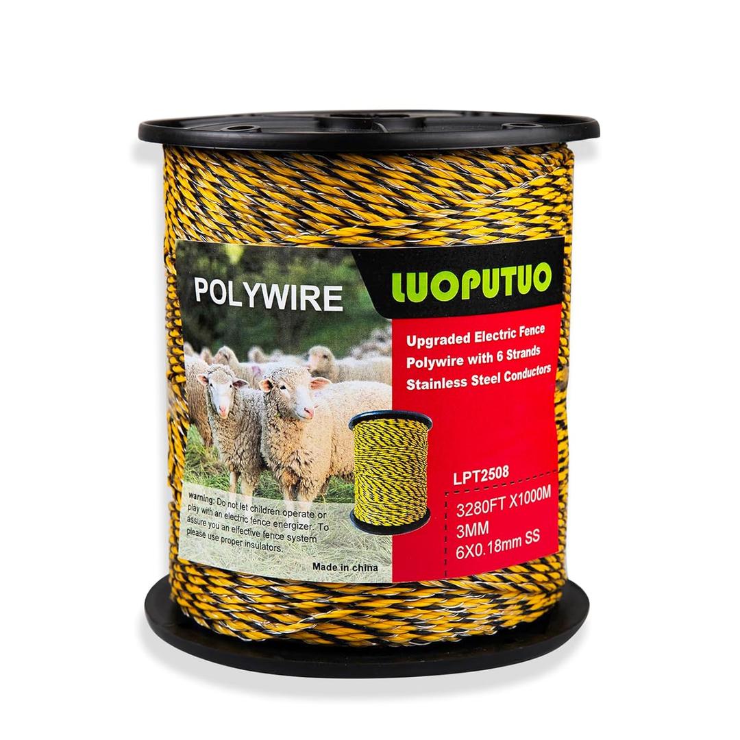 3280FT Electric Fence Polywire 6 Stainless Steel Conductors, Portable Temporary Fencing for Horses, Goats, Dogs UV Resistant, High Visibility for Livestock Containment