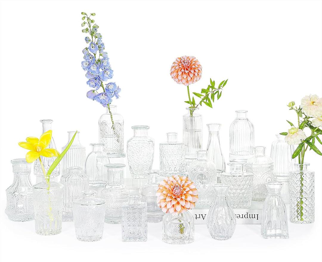 24pcs Glass Bud Vase Set, Small Clear Flower Vases for Centerpieces in Bulk, Mini Vintage Vase for Wedding, Home,Table Decoration