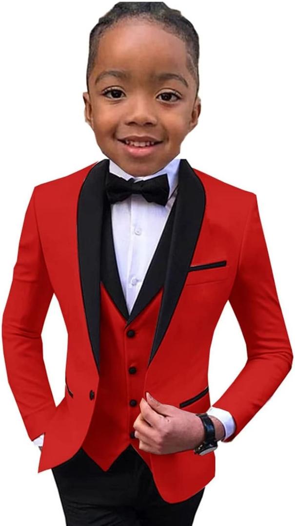Boys Suit Wedding Tuxedo 3 Piece Shawl Collar Jacket Pants Vest Child Formal Blazer Set Slim Fit Outfit (6, Red)
