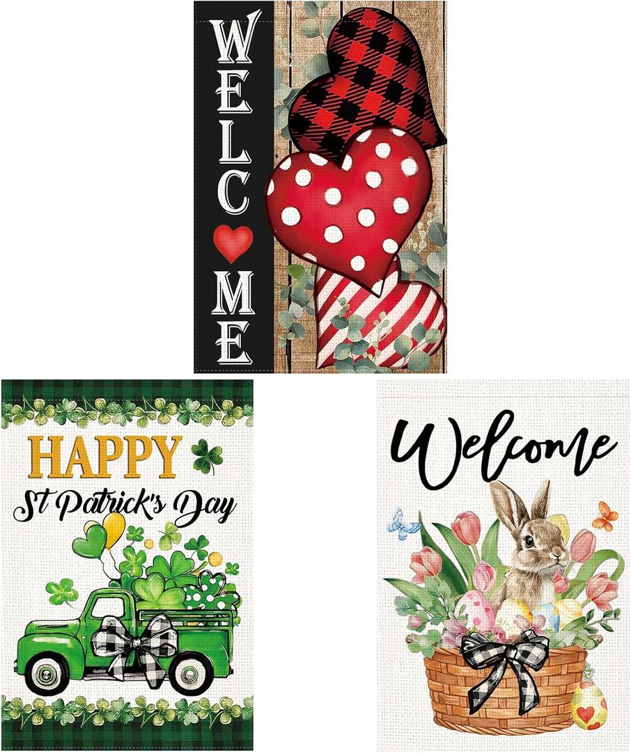2 x Doncida 3 Pack Valentines Day Garden Flag St Patricks Day Garden Flag Easter Garden Flags 12 x 18 inch Double Sided Burlap Small Yard Flags for Outside Lawn Seasonal Decoration