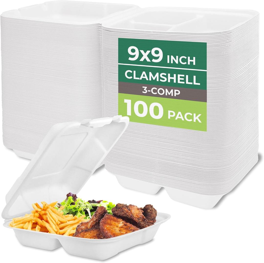 Freshware Clamshell Food Containers with Lids [9x9"] 3-Compartment 100-Pack, Disposable To Go Containers, Biodegradable Sugarcane To Go Boxes - Paper Container - Microwave & Freezer Safe, Stackable