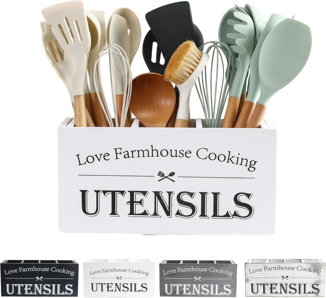 LIBODOUR Utensil Holder, Utensil Holder For Kitchen Counter,Large Cooking Spatula Organizer,Farmhouse Wooden Big Storage With 3 Compartments Rustic Flatware Spoon Tool Organizer (White) (Medium)
