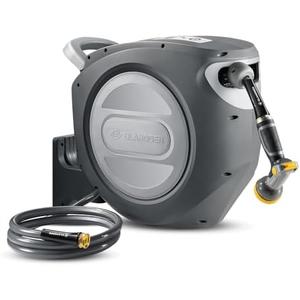 GLAHODEN Retractable Garden Hose Reel 5/8 in x 100 ft Metal Bracket, 2025 Upgraded Dual Ratchet Lock UV & Freeze Protection Brass Seal Slow Retraction Anti-Tangle Hose 180°Swivel