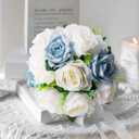 Wedding Bouquets for Bride & Bridesmaid - Realistic Silk Flowers Artificial Roses, 8 Inch Bridesmaid Bouquet for Ceremony, Church, Anniversary, and Home Decoration (White & Blue)