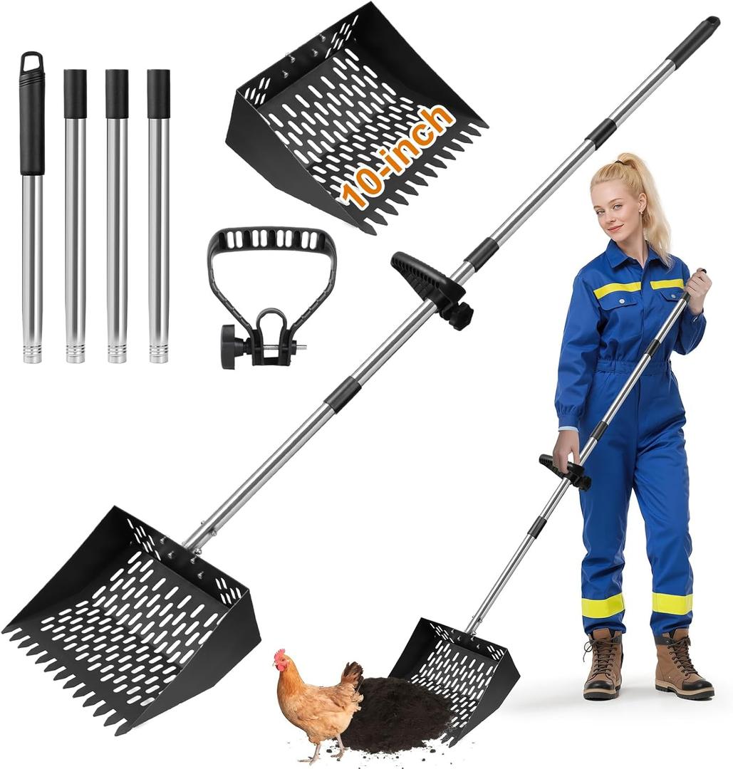 Chicken Poop Scooper for Sand 2-in-1 with Ergonomic Grip, 22 to 64" Adjustable Handle for Chicken Coop Scoop, Large 10 Inch Litter Sifting Shovel with Rake, Cleaning Tools for Coops & Animal Farm