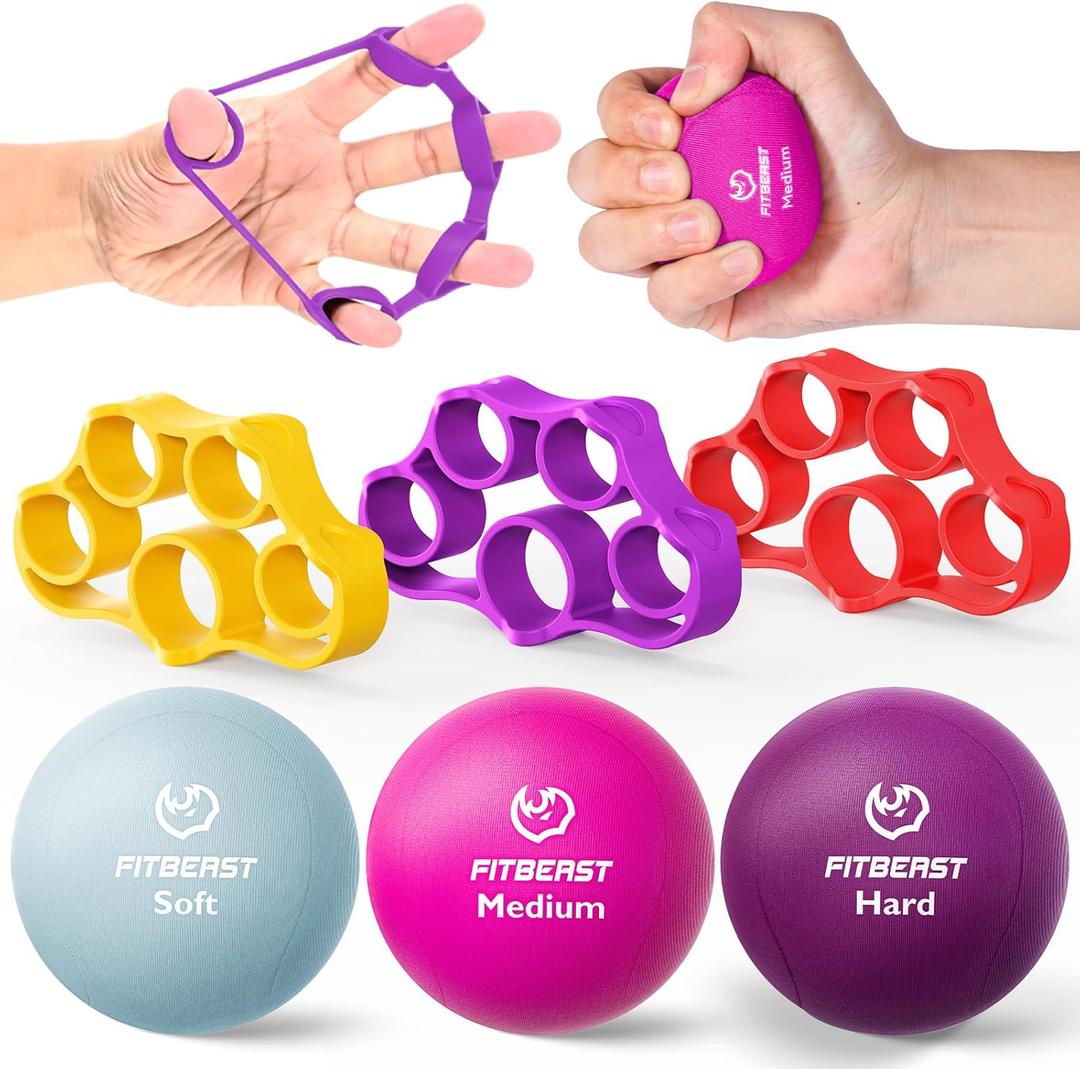 FitBeast Grip Strength Trainer  6 Pieces Hand Therapy Kit with Finger Extension Exerciser & Stress Balls for Adults, Rehab & Strength Training  for Men, Women, and Seniors